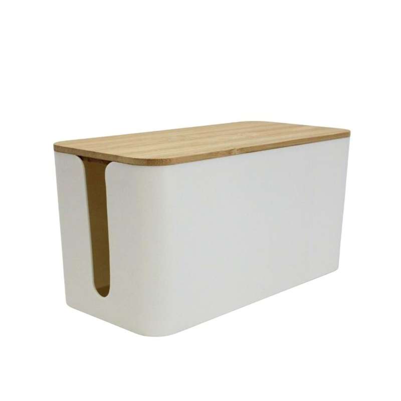 Cable Cord Concealing Box - with Bamboo Lid White Medium