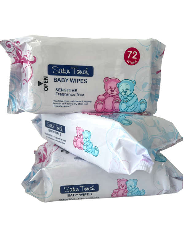 Satin Touch Baby Wipes Unfragranced Pack of 3 - 72'S White