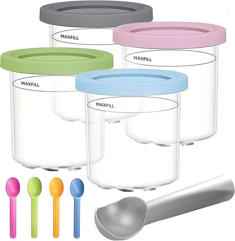 Ninja Creami Pint Containers and Lids with Spoons (Set of 4) - Includes Ice-Cream Scoop