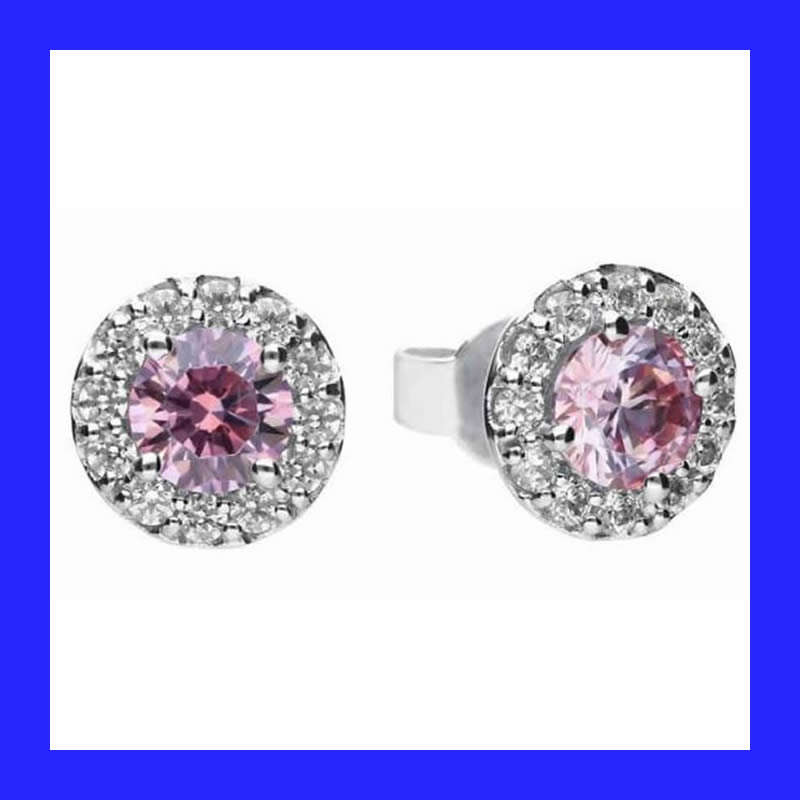 Cluster Halo Pink Ice Cubic Zirconia Stud Earrings In Solid Sterling Silver