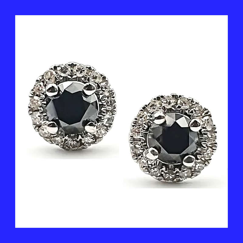 Cluster Halo Pitch Black Cubic Zirconia Stud Earrings In Solid Sterling Silver