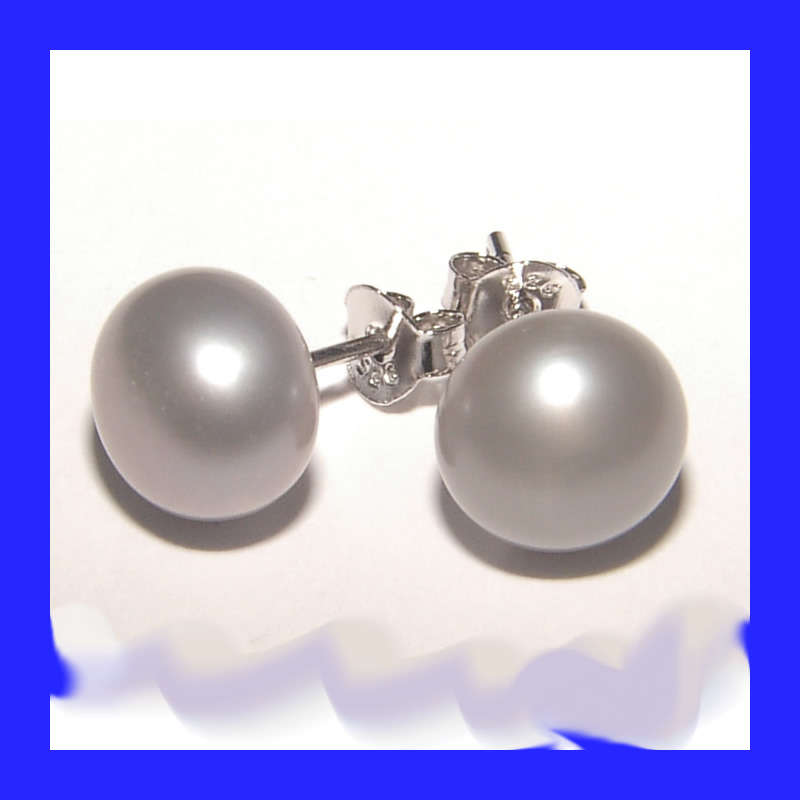High Gloss Grey Natural Pearl Stud Earrings In Solid Sterling Silver