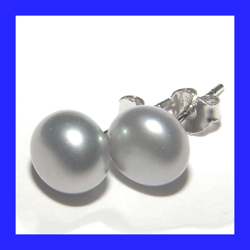 High Gloss Light Grey Natural Pearl Stud Earrings In Solid Sterling Silver