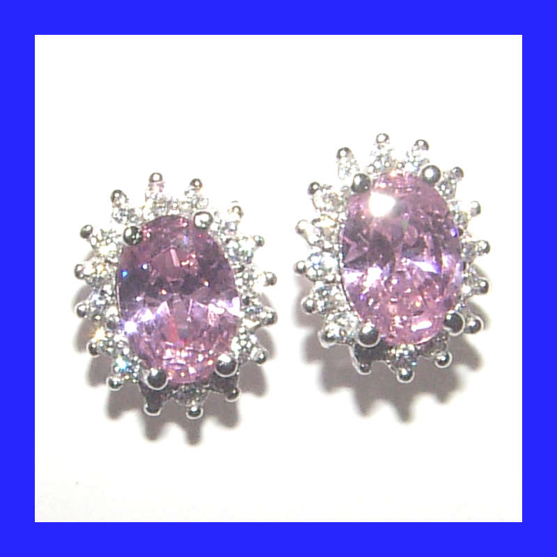 Cluster Halo Pink Ice Cubic Zirconia Stud Earrings In Solid Sterling Silver
