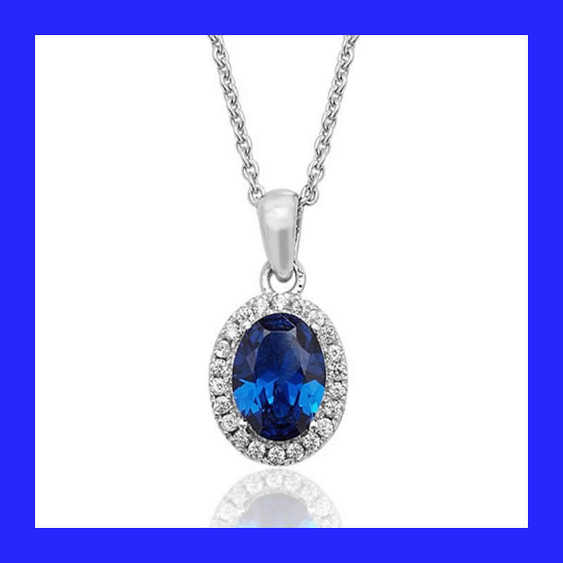 Cluster Halo Sapphire Blue And Clear Cubic Zirconia Pendant In Solid Sterling Silver