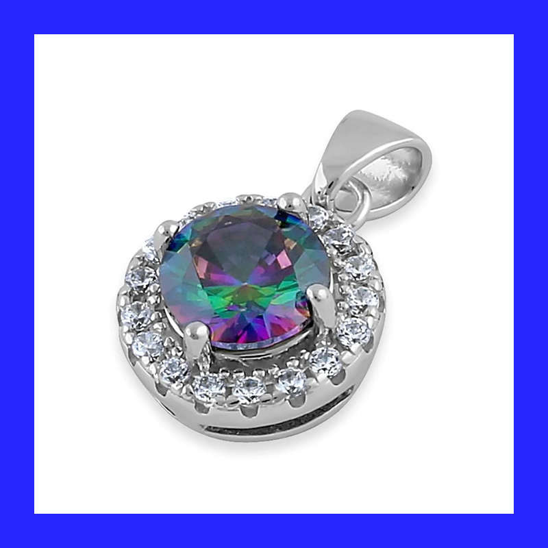 Cluster Halo Mystic Topaz Cubic Zirconia Pendant In Solid Sterling Silver
