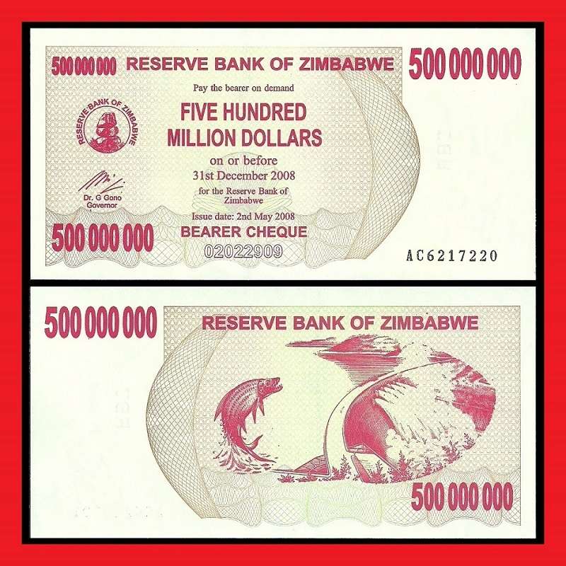 Zimbabwe 500 Million Dollar Bearer Cheque AC6217220