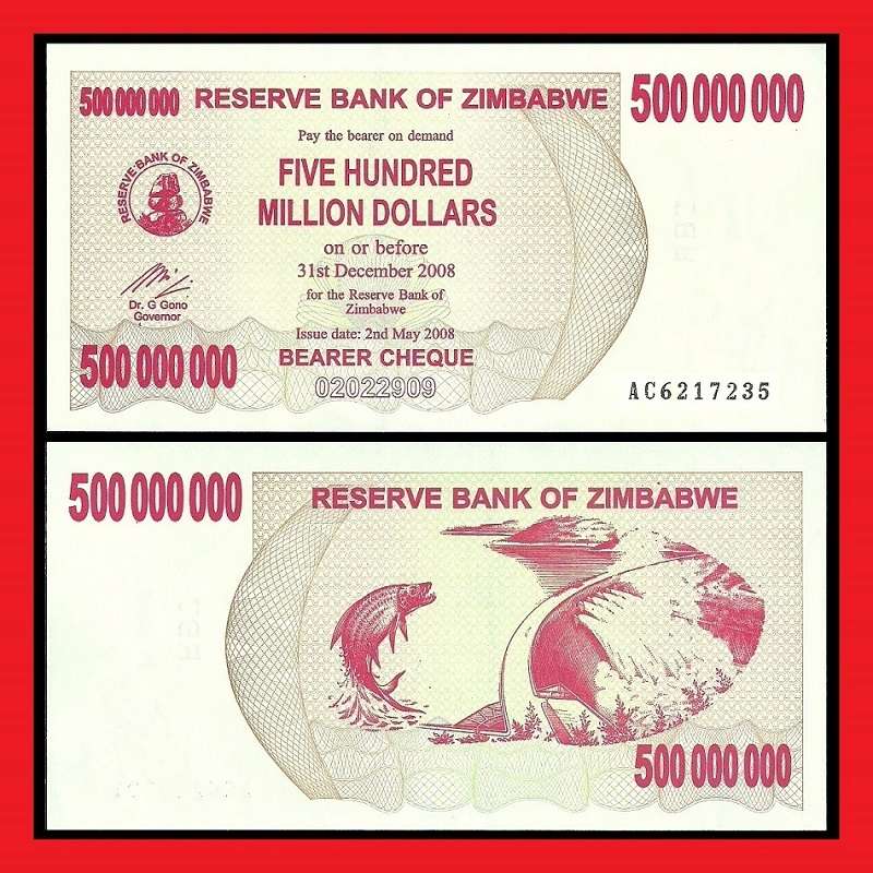 Zimbabwe 500 Million Dollar Bearer Cheque AC6217235
