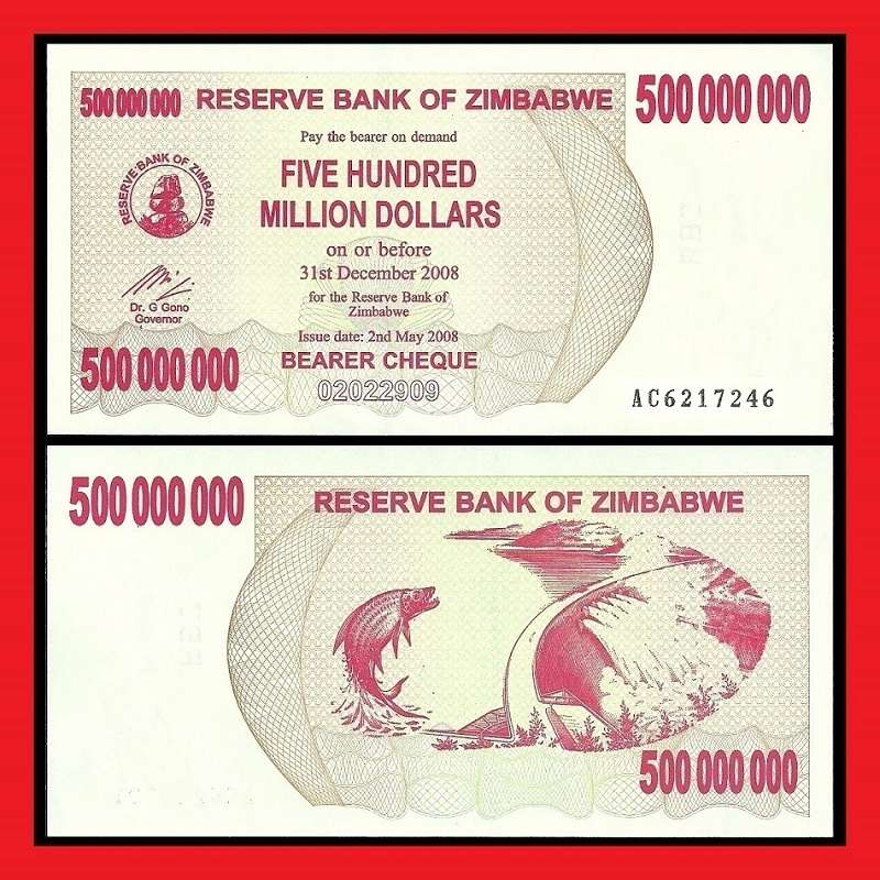 Zimbabwe 500 Million Dollar Bearer Cheque AC6217246
