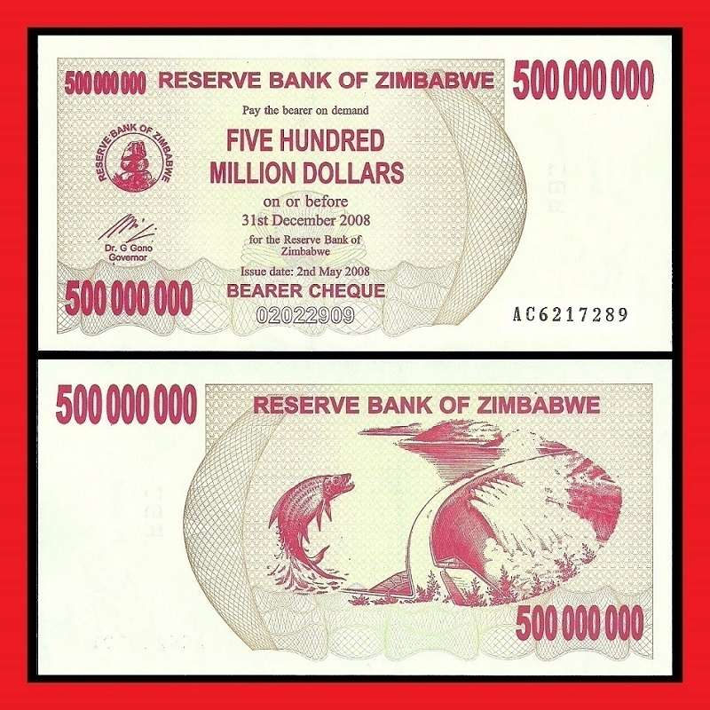 Zimbabwe 500 Million Dollar Bearer Cheque AC6217289