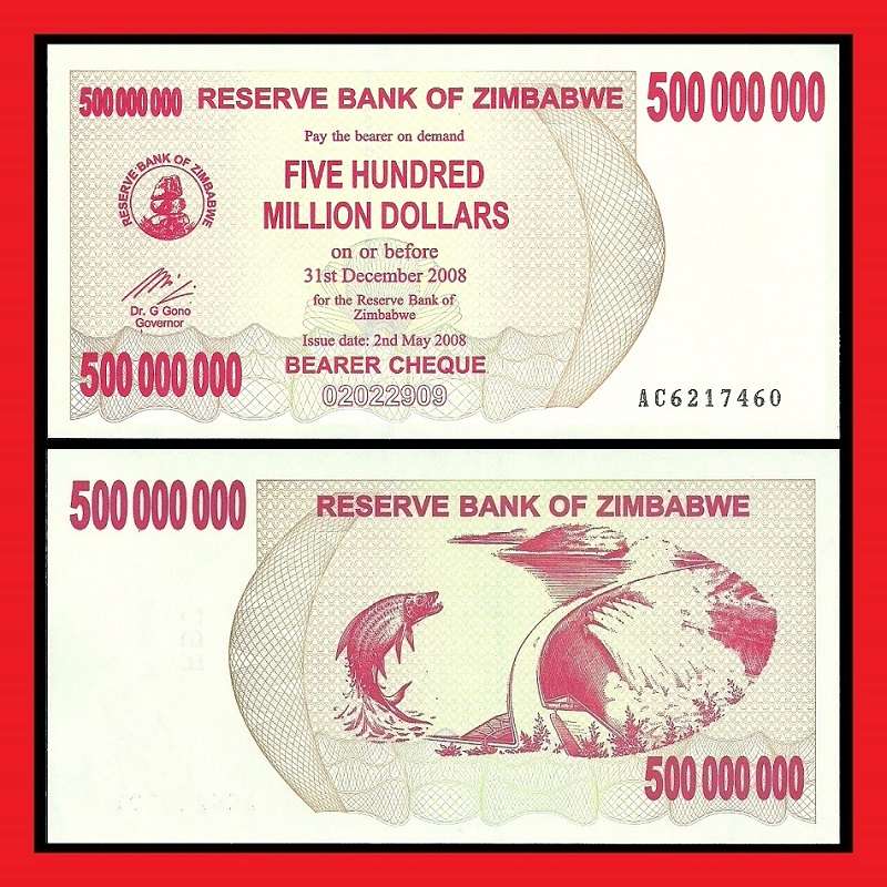 Zimbabwe 500 Million Dollar Bearer Cheque AC6217460