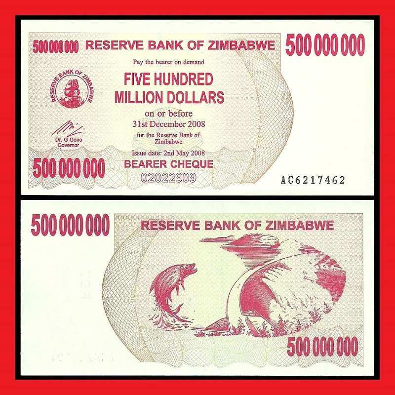 Zimbabwe 500 Million Dollar Bearer Cheque AC6217462