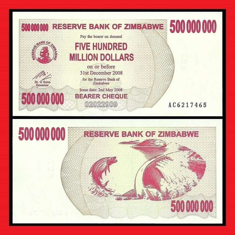 Zimbabwe 500 Million Dollar Bearer Cheque AC6217465