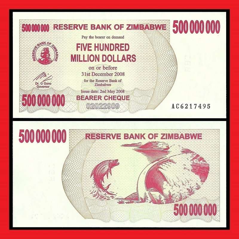 Zimbabwe 500 Million Dollar Bearer Cheque AC6217495