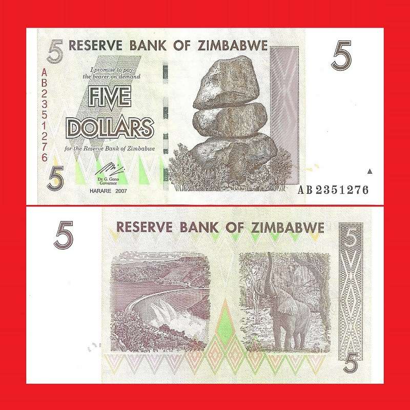 Zimbabwe 5 Dollar Banknote P66 Serial AB2351276