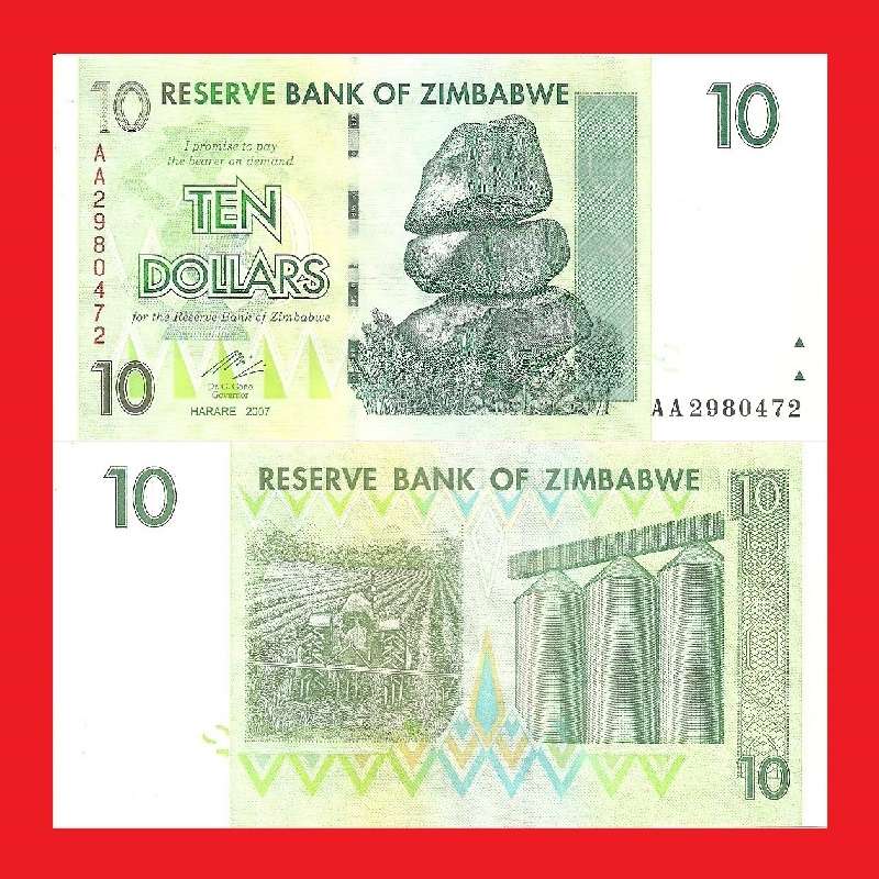 ZIMBABWE 10 Dollar Banknote P67 Serial AA2980472