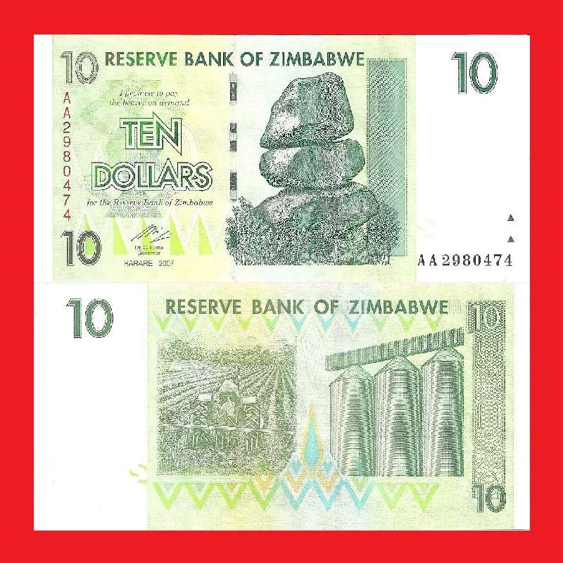 ZIMBABWE 10 Dollar Banknote P67 Serial AA2980474