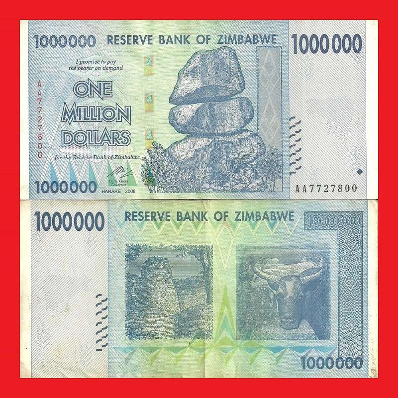 Zimbabwe 1 Million Dollar Banknote Serial AA7727800 VF