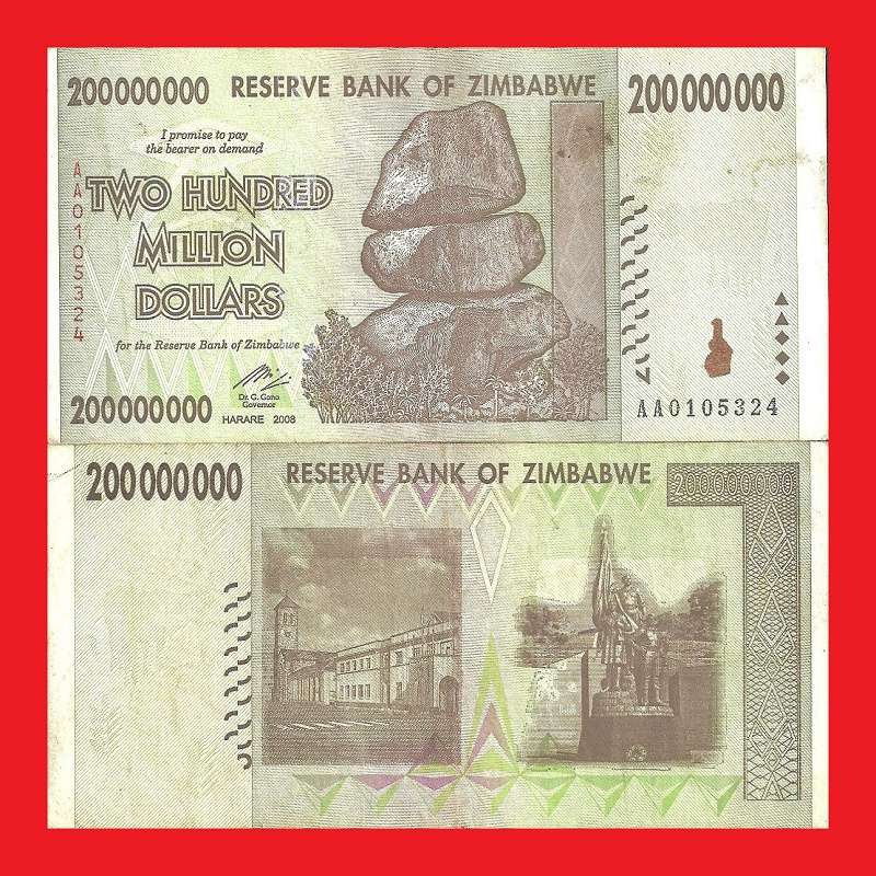 ZIMBABWE 200 Million Dollar Banknote Serial AA0105324 VF