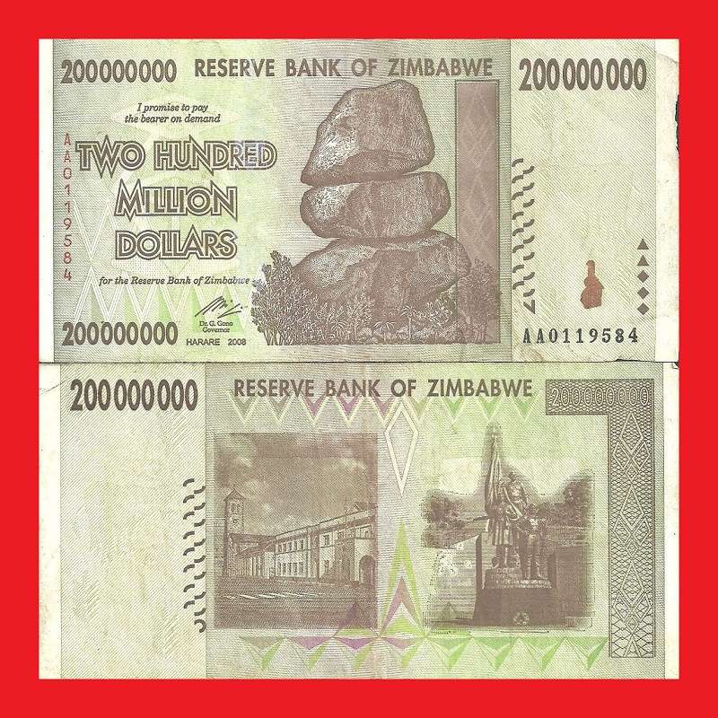 ZIMBABWE 200 Million Dollar Banknote Serial AA0119584 G