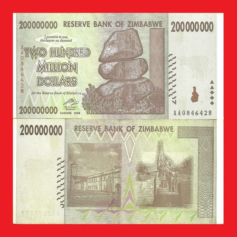 ZIMBABWE 200 Million Dollar Banknote Serial AA0846428 XF