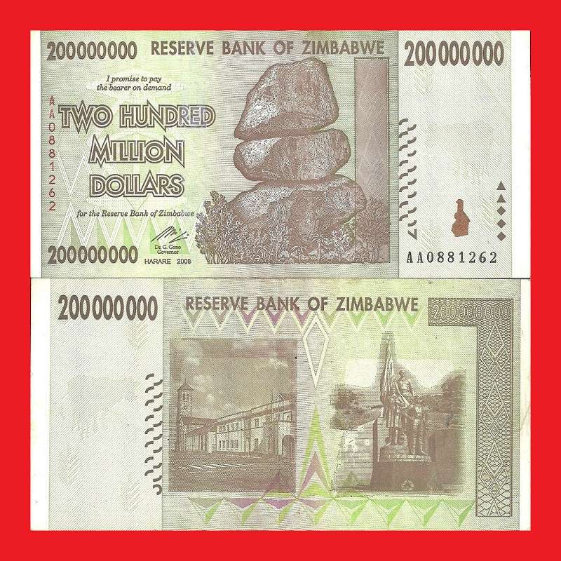 ZIMBABWE 200 Million Dollar Banknote Serial AA0881262 XF