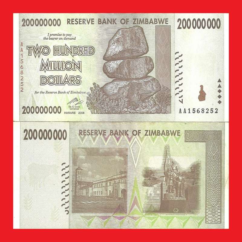 ZIMBABWE 200 Million Dollar Banknote Serial AA1568252 AU