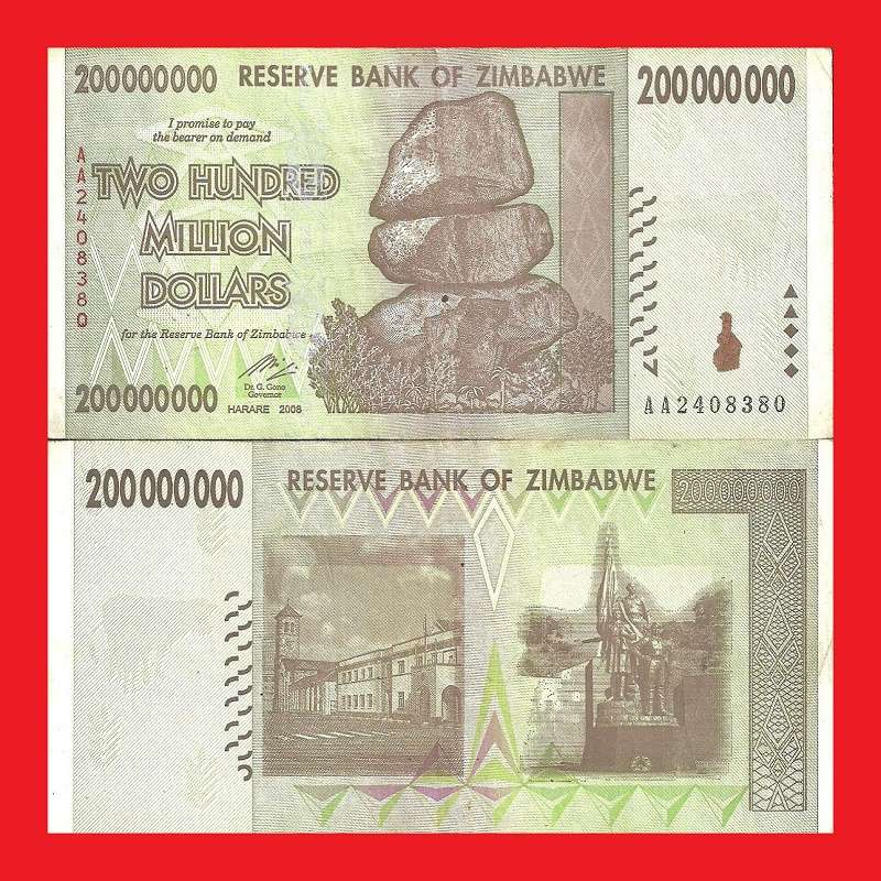 ZIMBABWE 200 Million Dollar Banknote Serial AA2408380 VF