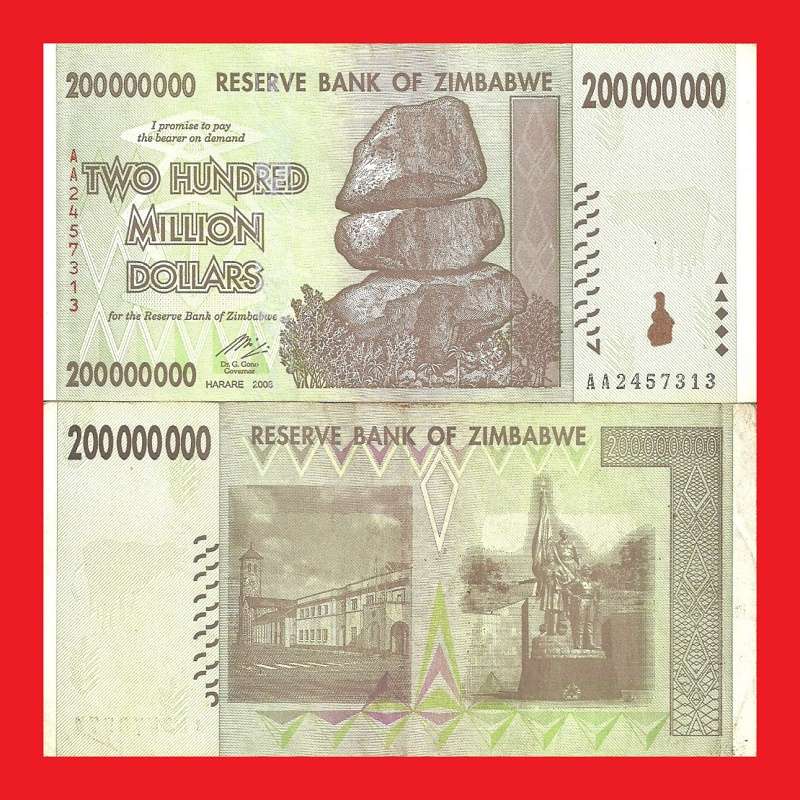 ZIMBABWE 200 Million Dollar Banknote Serial AA2457313 XF