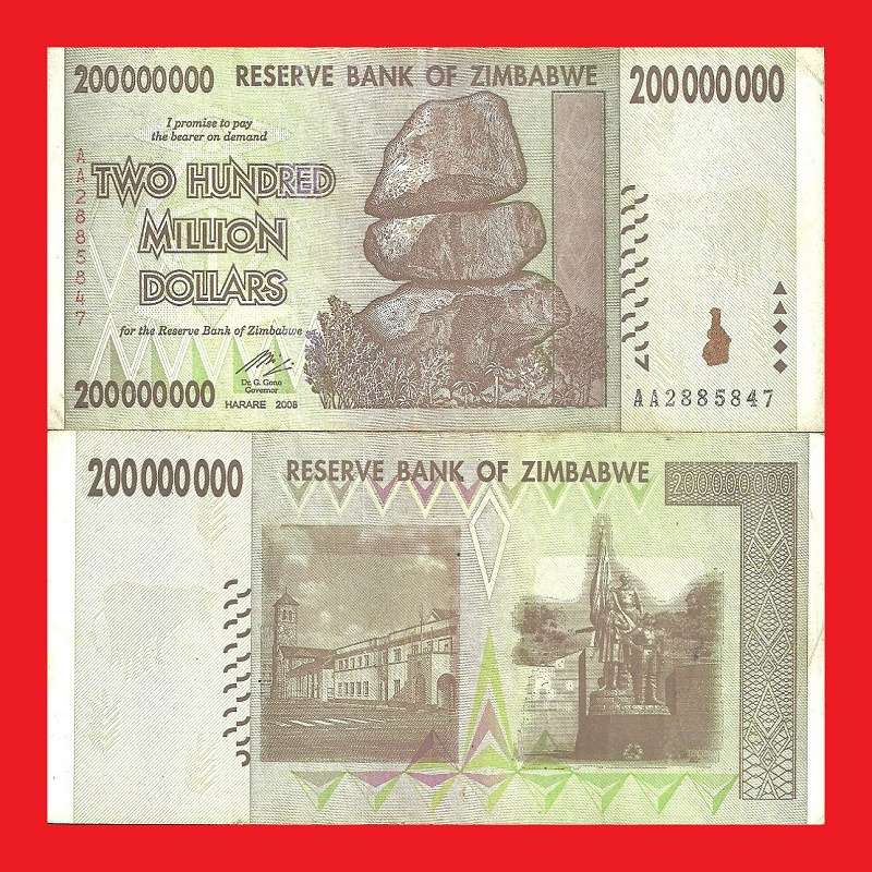 ZIMBABWE 200 Million Dollar Banknote Serial AA2885847 VF