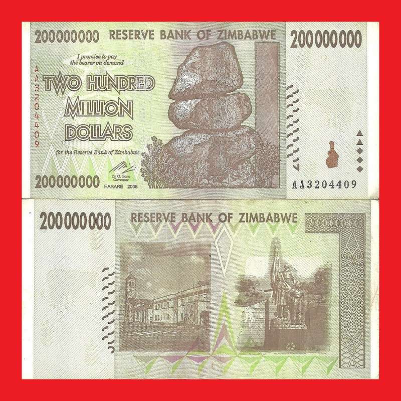 ZIMBABWE 200 Million Dollar Banknote Serial AA3204409 G