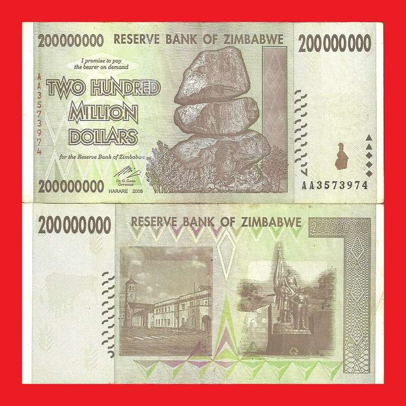 Zimbabwe 200 Million Dollar Banknote Serial AA3573974 VF