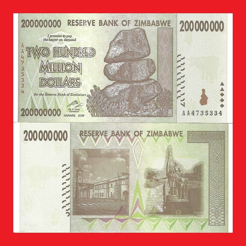 ZIMBABWE 200 Million Dollar Banknote Serial AA4735334 UNC