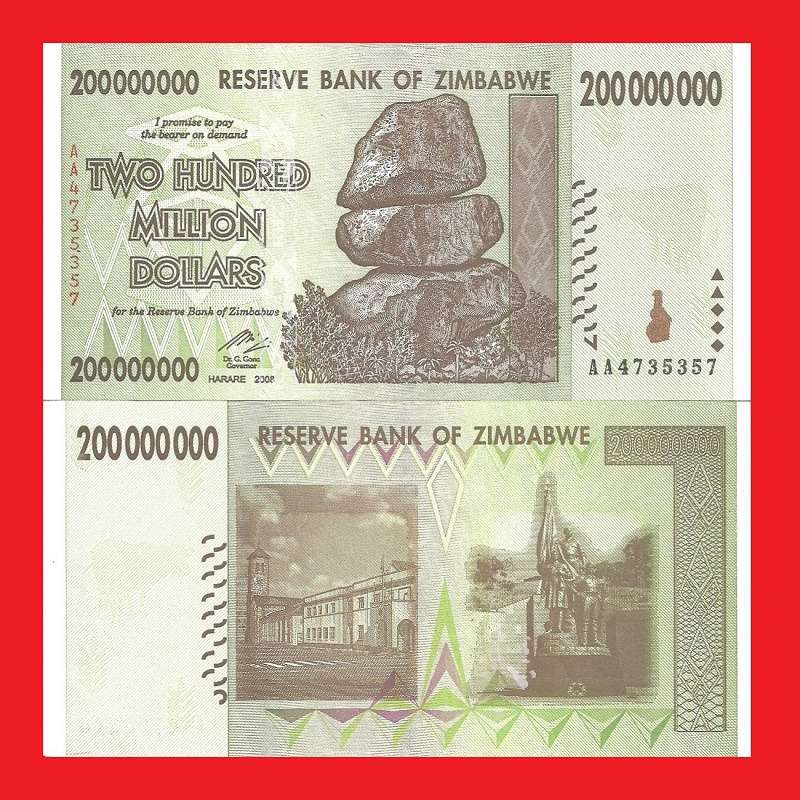 ZIMBABWE 200 Million Dollar Banknote Serial AA4735357 UNC