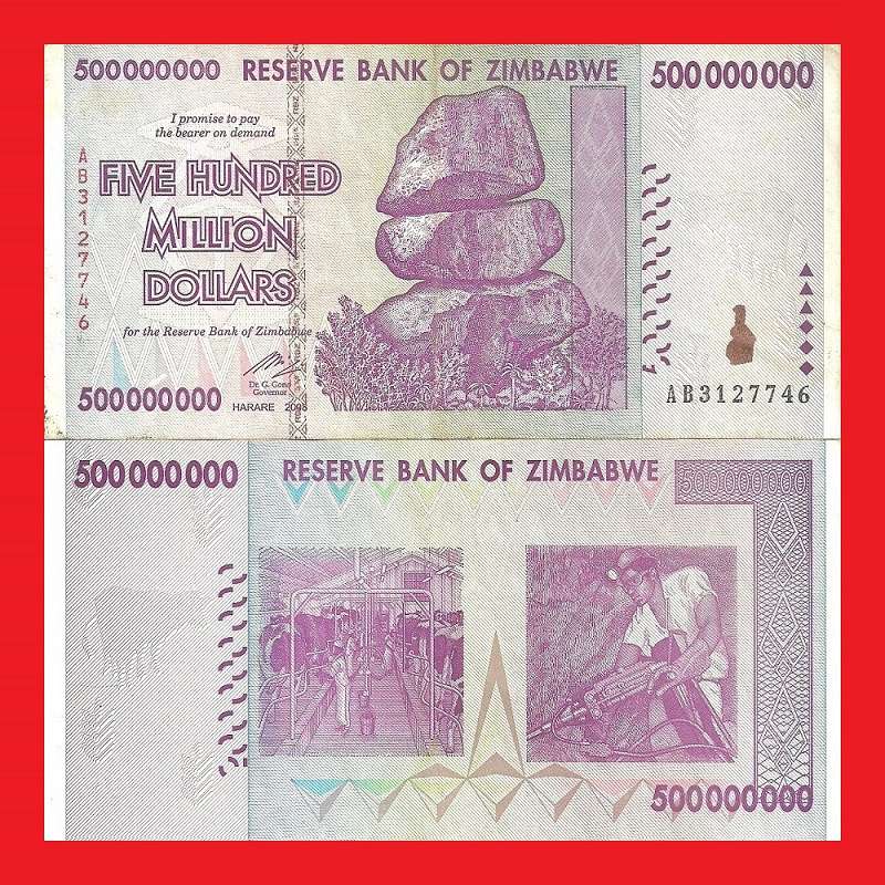 ZIMBABWE 500 Million Dollar Banknote Serial AB3127746 VF