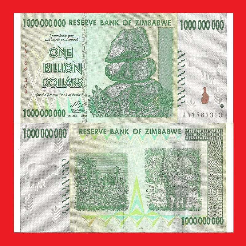 ZIMBABWE 1 Billion Dollar Banknote Serial AA1881303 UNC