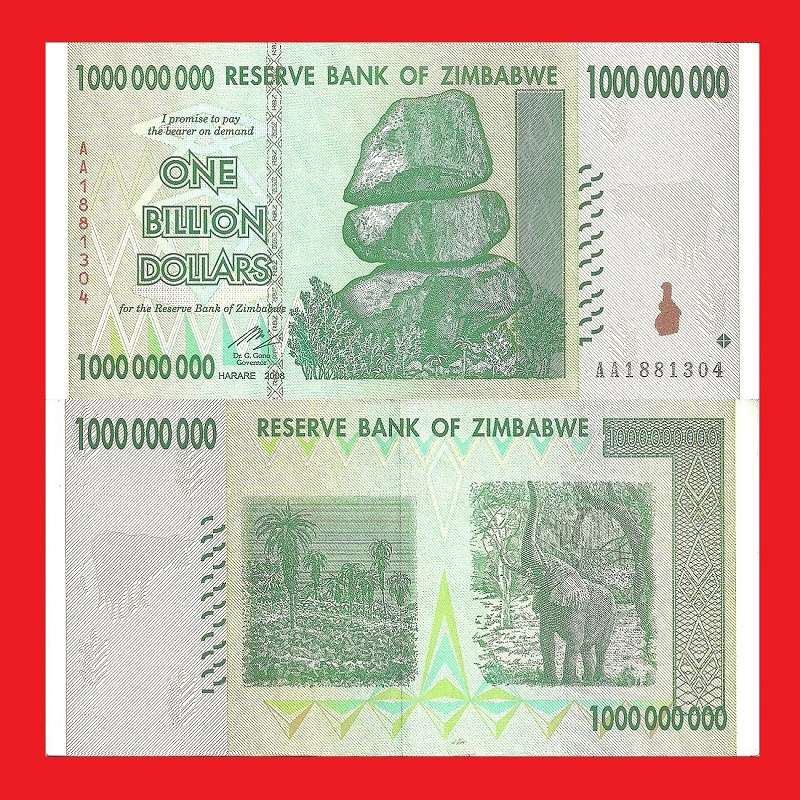 ZIMBABWE 1 Billion Dollar Banknote Serial AA1881304 UNC