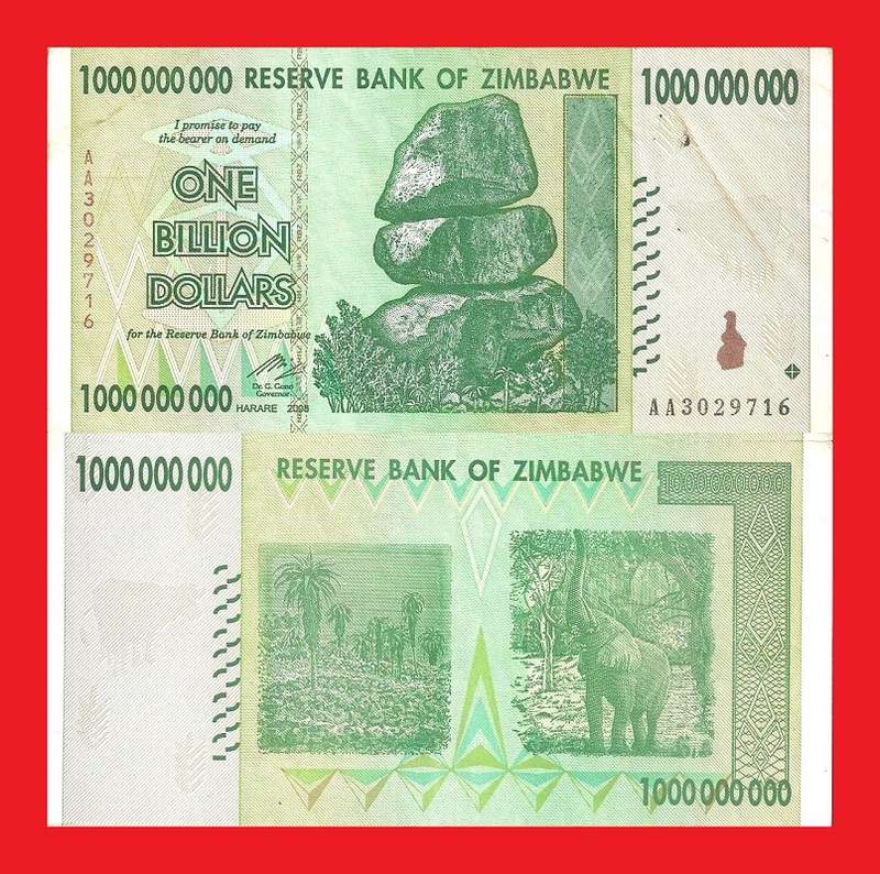 Zimbabwe 1 Billion Dollar Banknote Serial AA3029716 VF