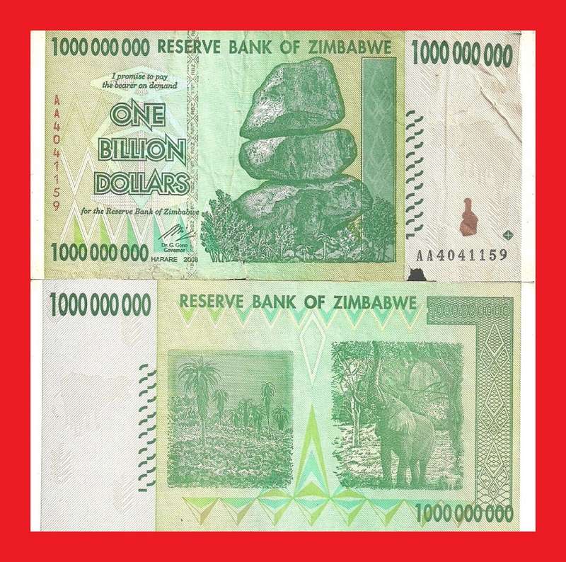 Zimbabwe 1 Billion Dollar Banknote Serial AA4041159 G