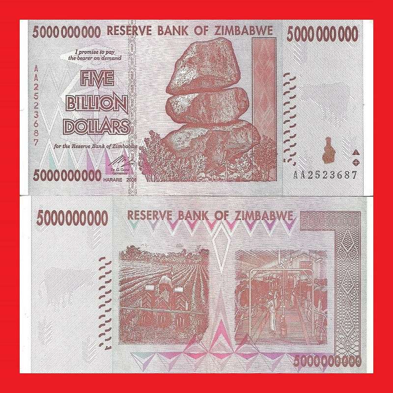 ZIMBABWE 5 Billion Dollar Banknote Serial AA2523687 AU