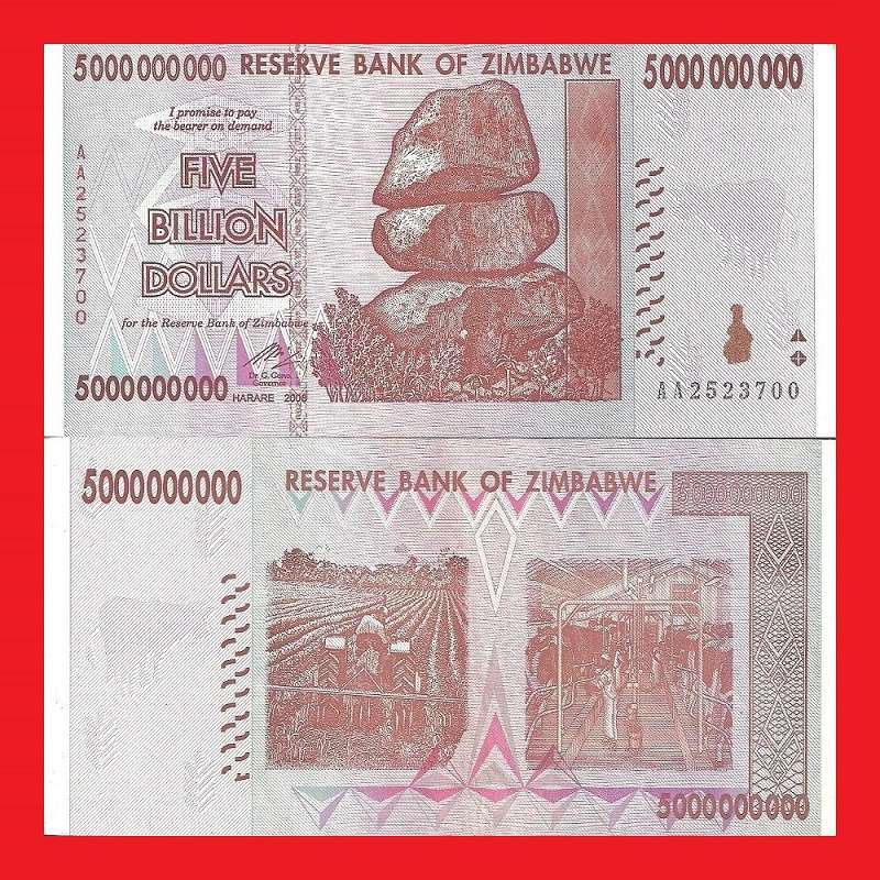 ZIMBABWE 5 Billion Dollar Banknote Serial AA2523700 AU