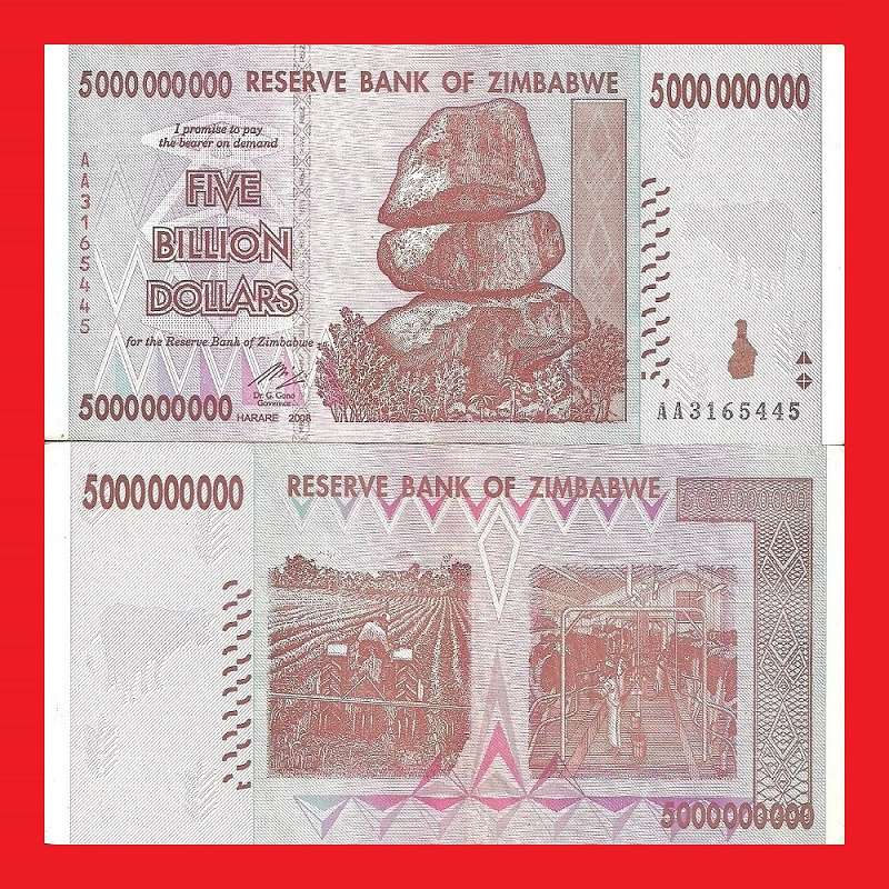 ZIMBABWE 5 Billion Dollar Banknote Serial AA3165445 AU