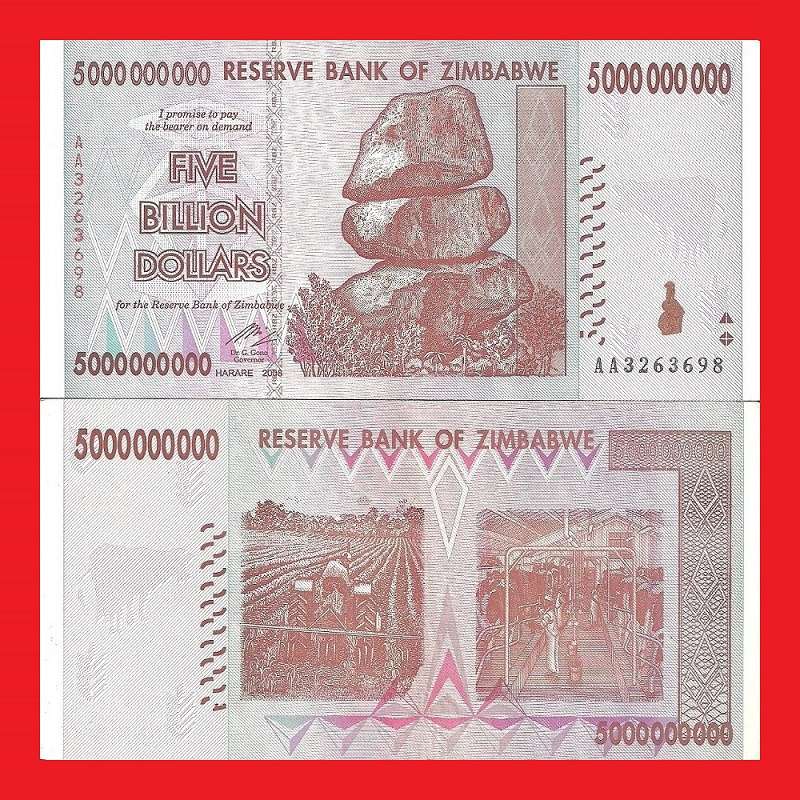 ZIMBABWE 5 Billion Dollar Banknote Serial AA3263698 AU