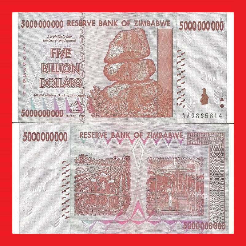 ZIMBABWE 5 Billion Dollar Banknote Serial AA3319114 AU