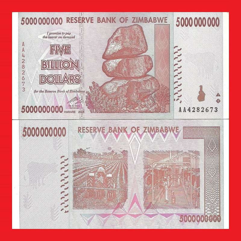 ZIMBABWE 5 Billion Dollar Banknote Serial AA4282673 AU
