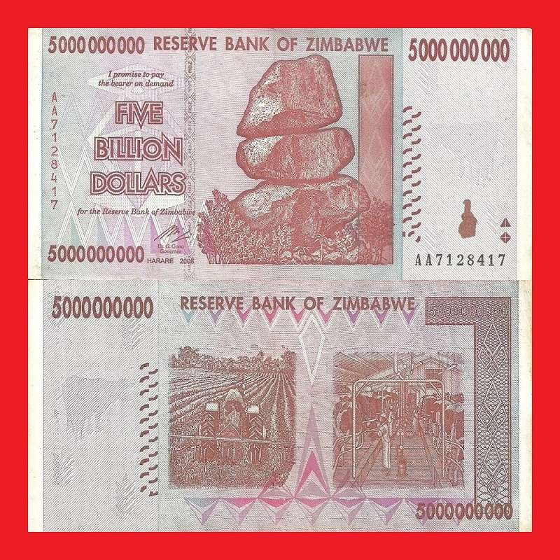 ZIMBABWE 5 Billion Dollar Banknote Serial AA7128417 VF
