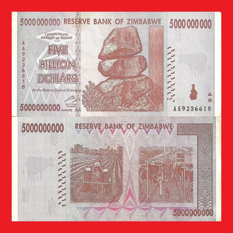 ZIMBABWE 5 Billion Dollar Banknote Serial AA9236618 VF