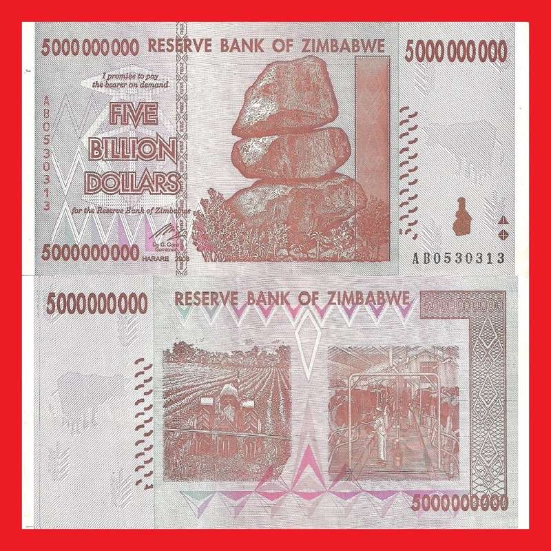 Zimbabwe 5 Billion Dollar Banknote Serial AB0530313 AU