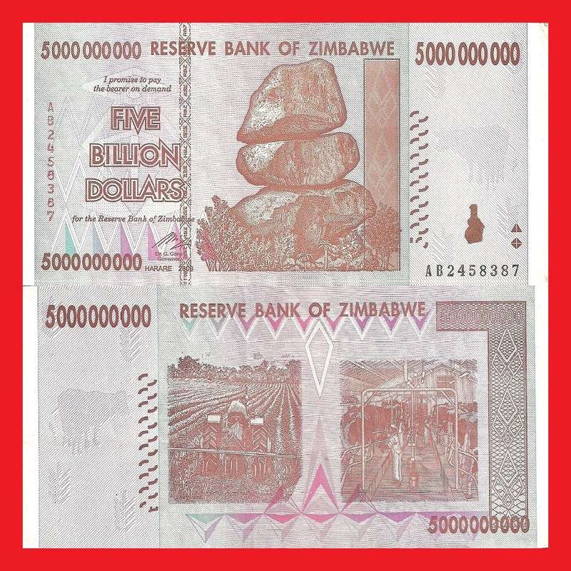 ZIMBABWE 5 Billion Dollar Banknote Serial AB2458387 XF