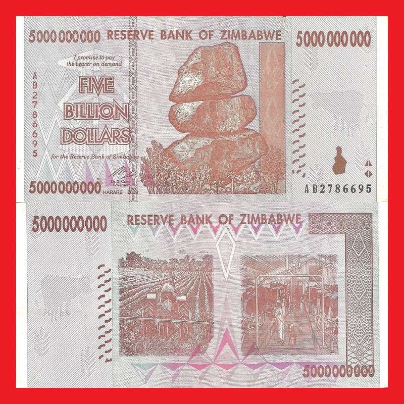 ZIMBABWE 5 Billion Dollar Banknote Serial AB2786695 VF